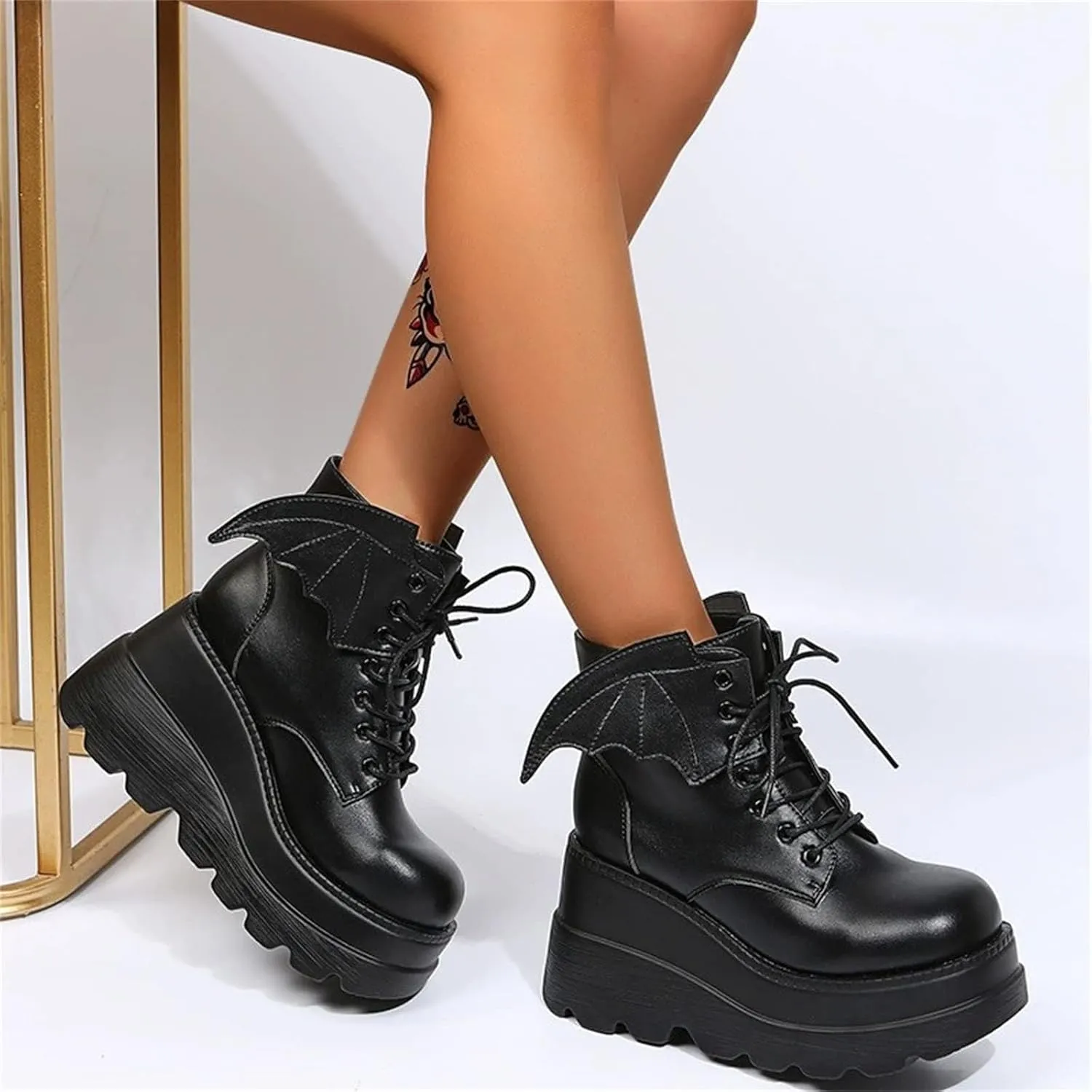 SACFOF Womens Goth Ankle Boots Platform Chunky Wedge Lace Up Combat Boots Punk Short Booties Motorcycle Platform Boots