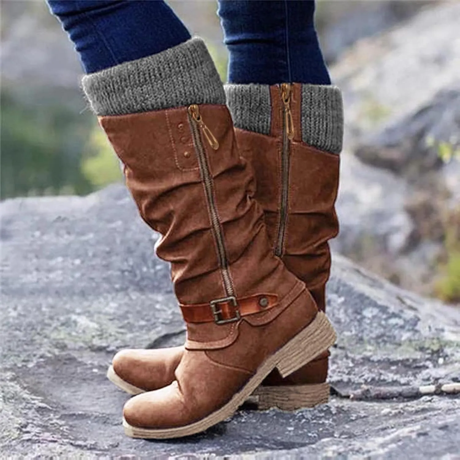 SACFOF Women's Knee High Boots Comfort Winter Knee High Cowboy Riding Boots Side Zipper Chunky Heel Buckle Calf Booties