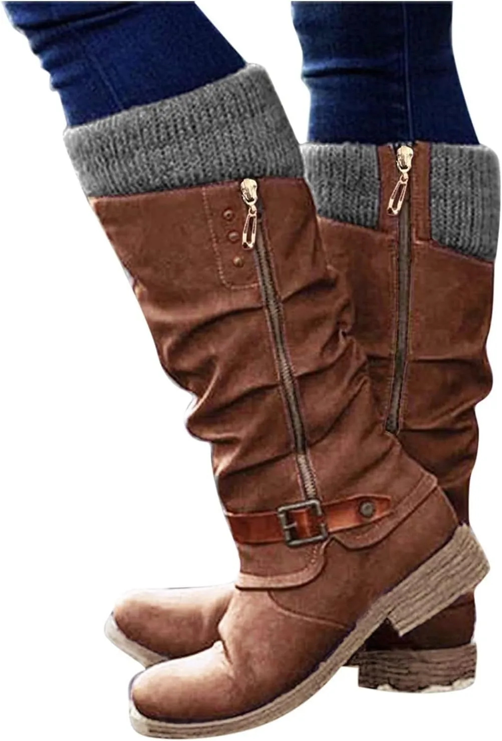SACFOF Women's Knee High Boots Comfort Winter Knee High Cowboy Riding Boots Side Zipper Chunky Heel Buckle Calf Booties