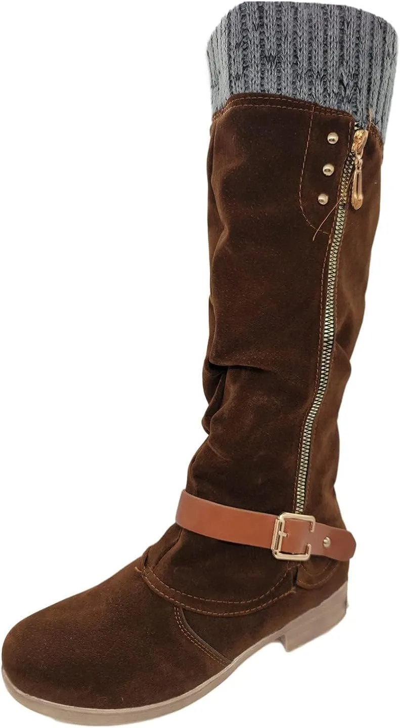 SACFOF Women's Knee High Boots Comfort Winter Knee High Cowboy Riding Boots Side Zipper Chunky Heel Buckle Calf Booties