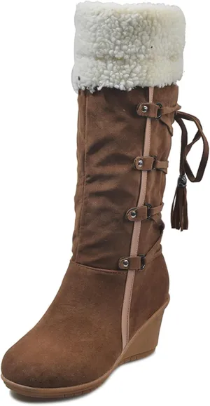SACFOF Women's Knee High Boots Fleece Suede Slouch Winter Snow Booties Shoes Outdoor Winter Round Toe Wedge Boots