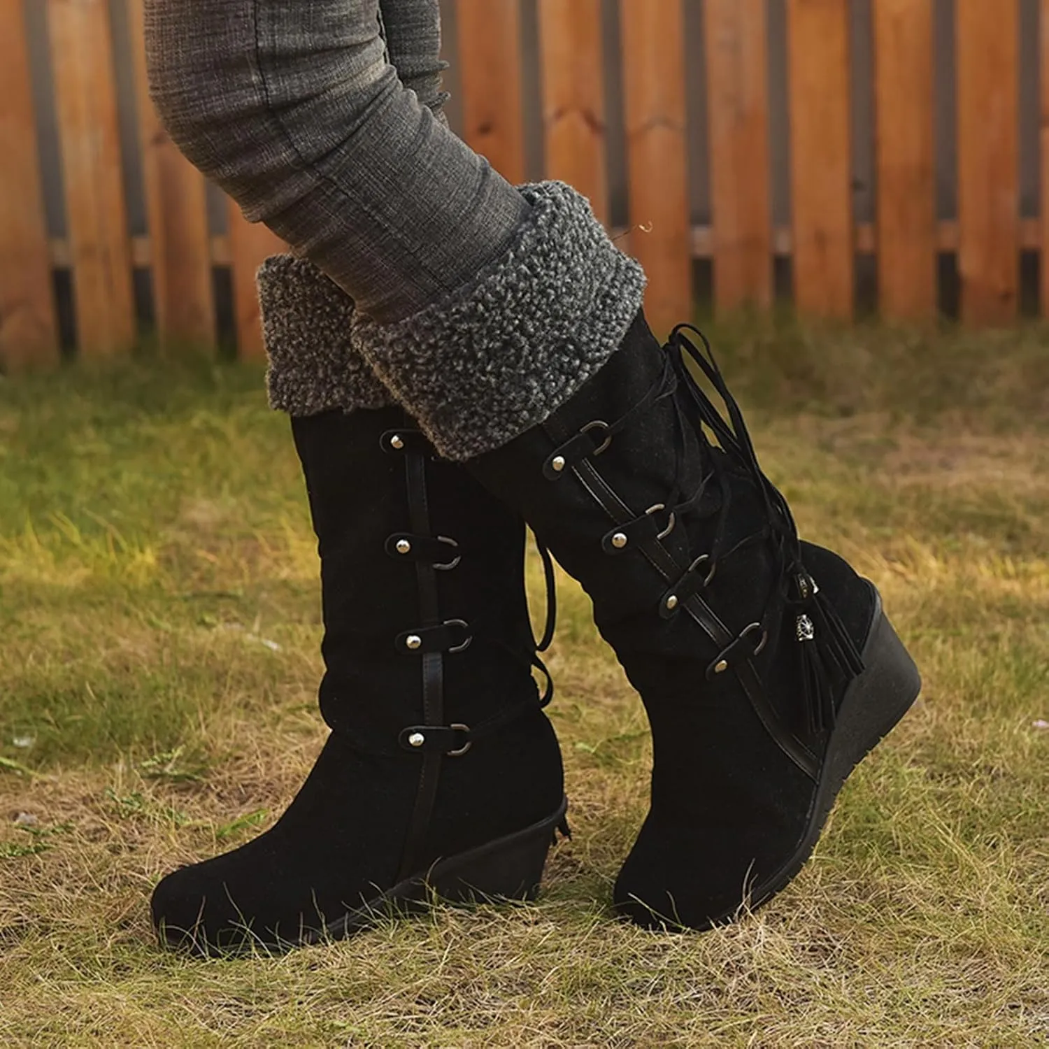 SACFOF Women's Knee High Boots Fleece Suede Slouch Winter Snow Booties Shoes Outdoor Winter Round Toe Wedge Boots