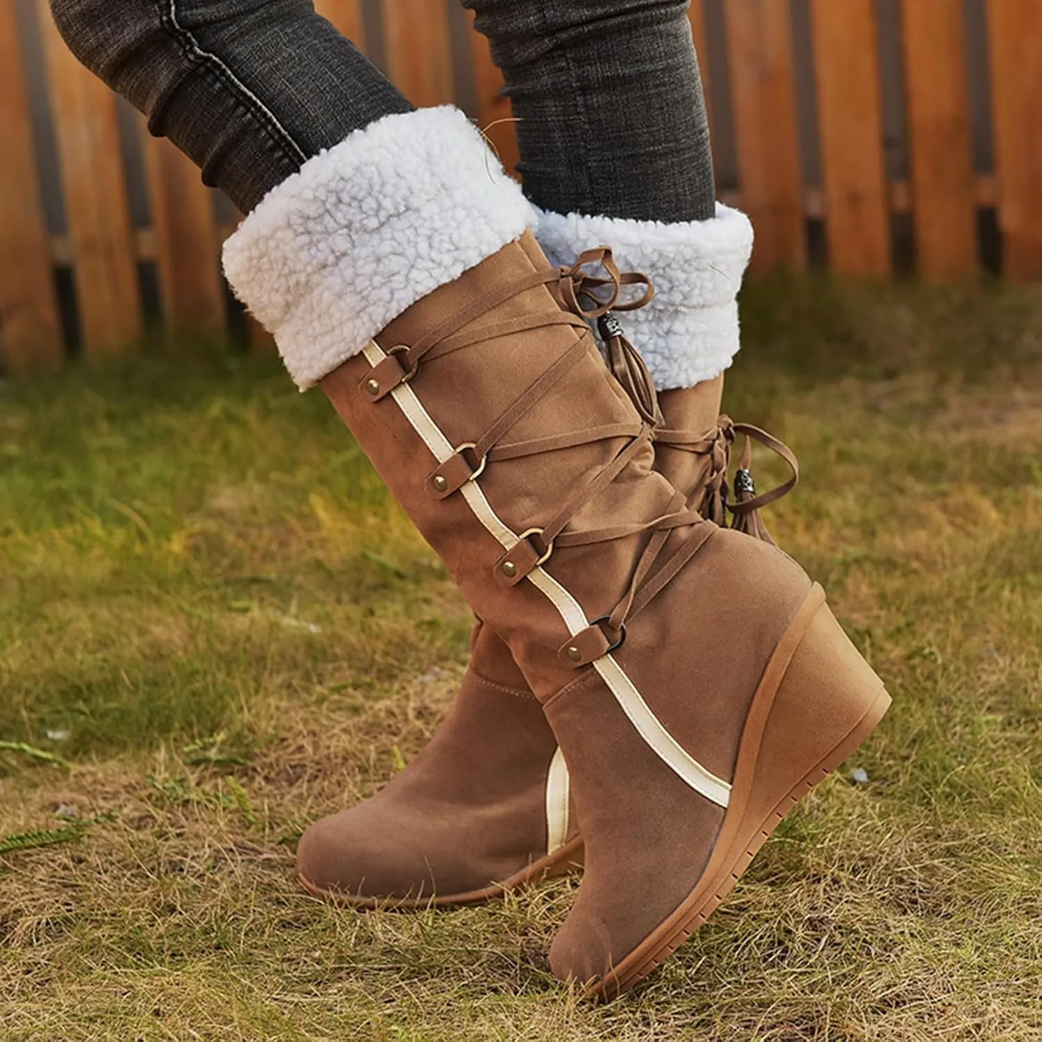 SACFOF Women's Knee High Boots Fleece Suede Slouch Winter Snow Booties Shoes Outdoor Winter Round Toe Wedge Boots