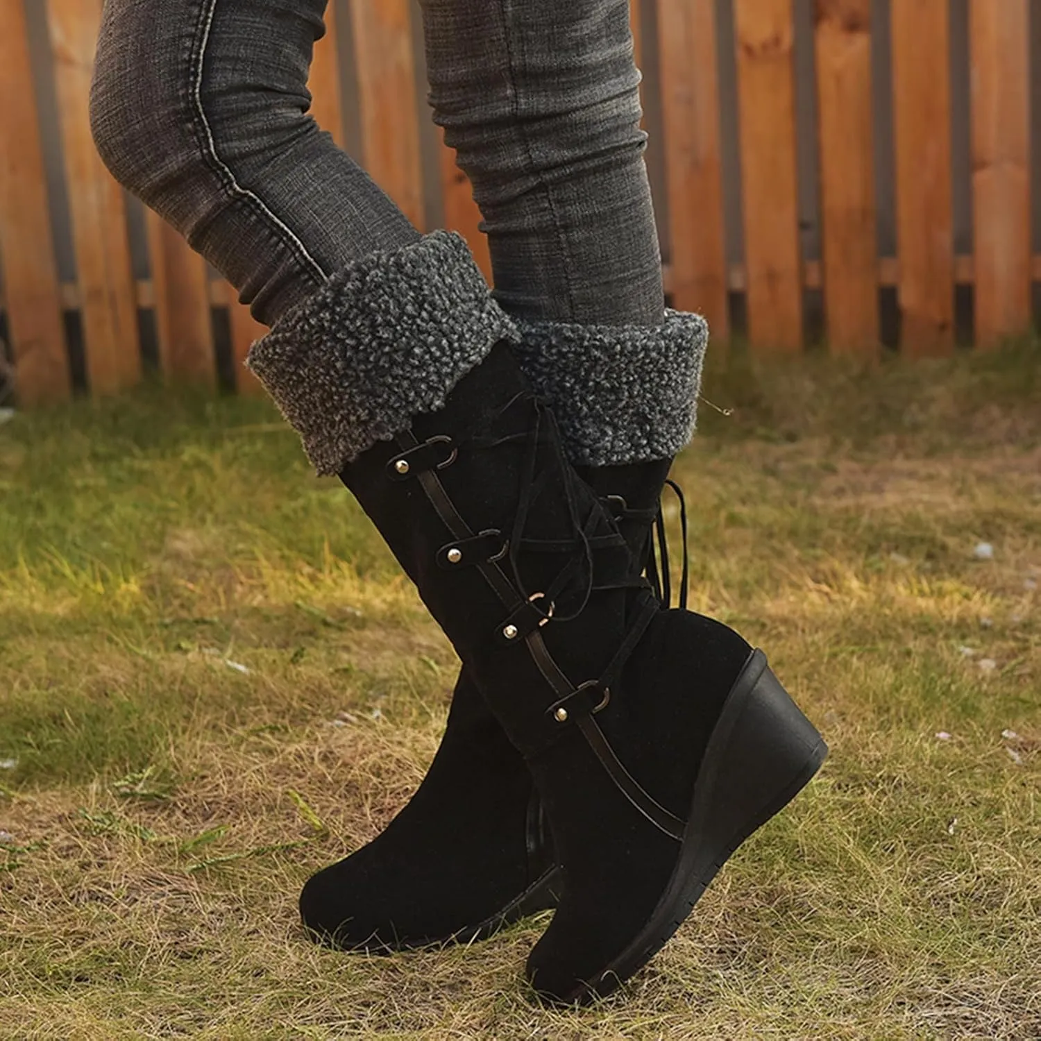 SACFOF Women's Knee High Boots Fleece Suede Slouch Winter Snow Booties Shoes Outdoor Winter Round Toe Wedge Boots