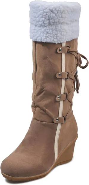 SACFOF Women's Knee High Boots Fleece Suede Slouch Winter Snow Booties Shoes Outdoor Winter Round Toe Wedge Boots