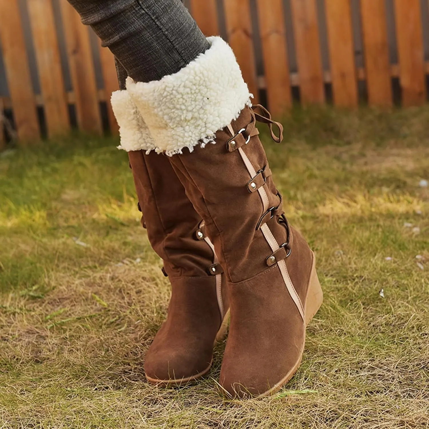 SACFOF Women's Knee High Boots Fleece Suede Slouch Winter Snow Booties Shoes Outdoor Winter Round Toe Wedge Boots