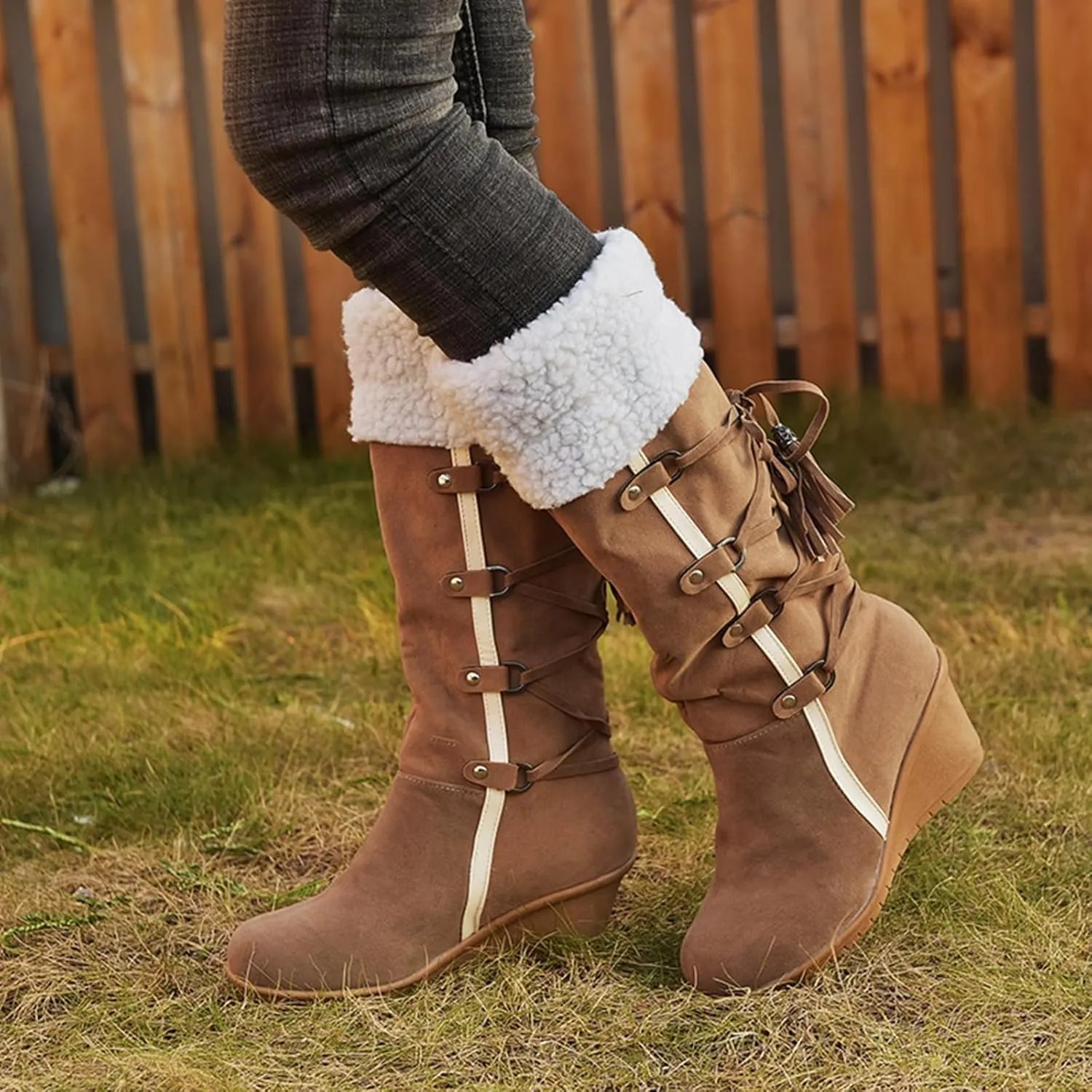SACFOF Women's Knee High Boots Fleece Suede Slouch Winter Snow Booties Shoes Outdoor Winter Round Toe Wedge Boots