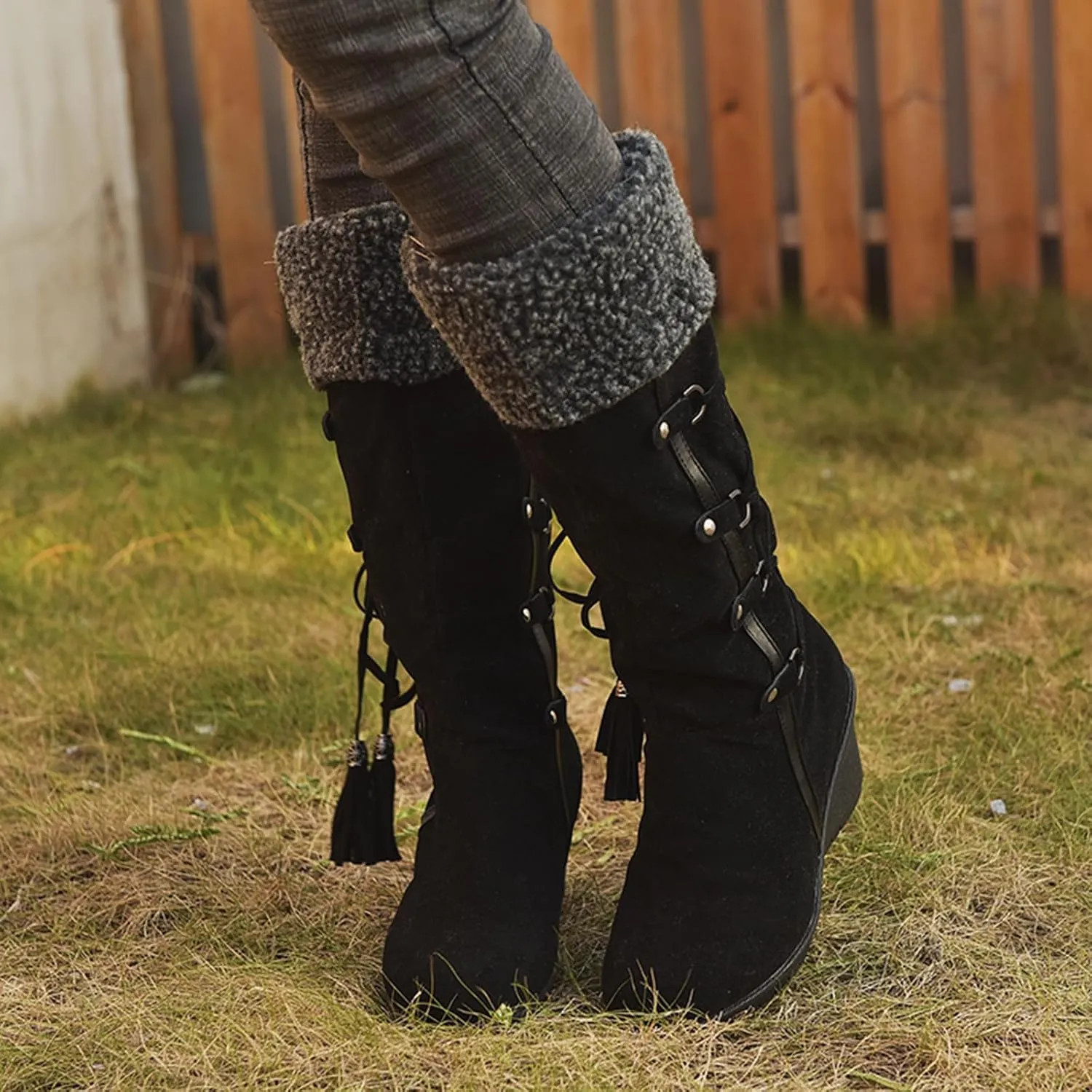 SACFOF Women's Knee High Boots Fleece Suede Slouch Winter Snow Booties Shoes Outdoor Winter Round Toe Wedge Boots