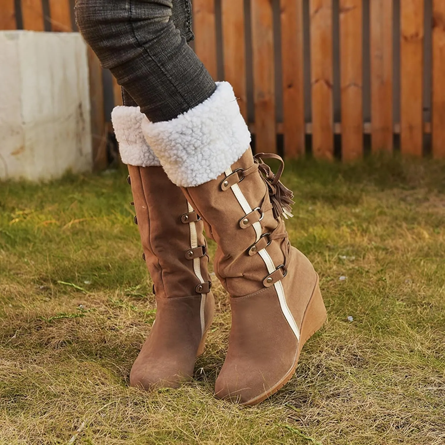 SACFOF Women's Knee High Boots Fleece Suede Slouch Winter Snow Booties Shoes Outdoor Winter Round Toe Wedge Boots
