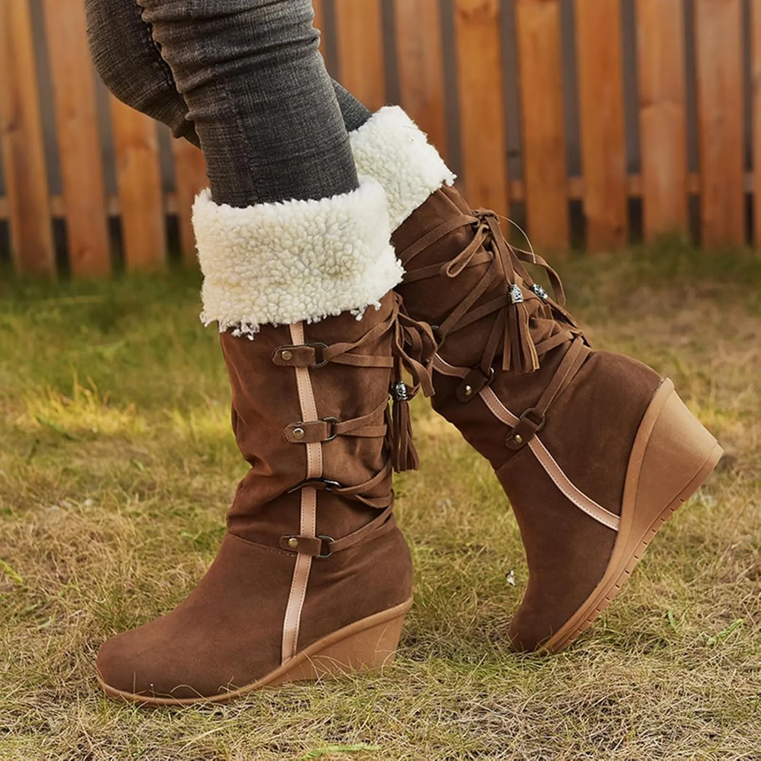 SACFOF Women's Knee High Boots Fleece Suede Slouch Winter Snow Booties Shoes Outdoor Winter Round Toe Wedge Boots