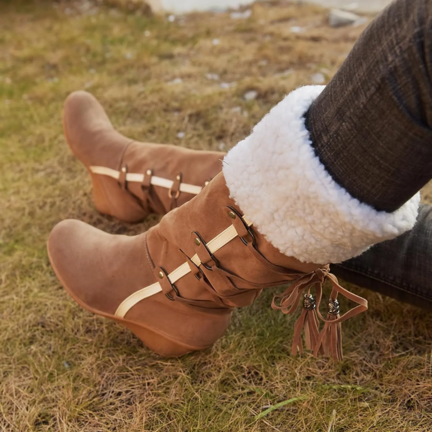 SACFOF Women's Knee High Boots Fleece Suede Slouch Winter Snow Booties Shoes Outdoor Winter Round Toe Wedge Boots