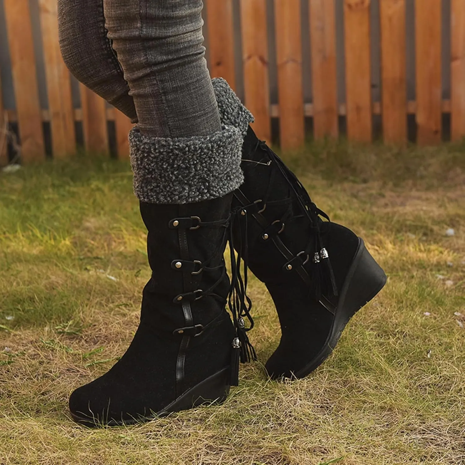 SACFOF Women's Knee High Boots Fleece Suede Slouch Winter Snow Booties Shoes Outdoor Winter Round Toe Wedge Boots