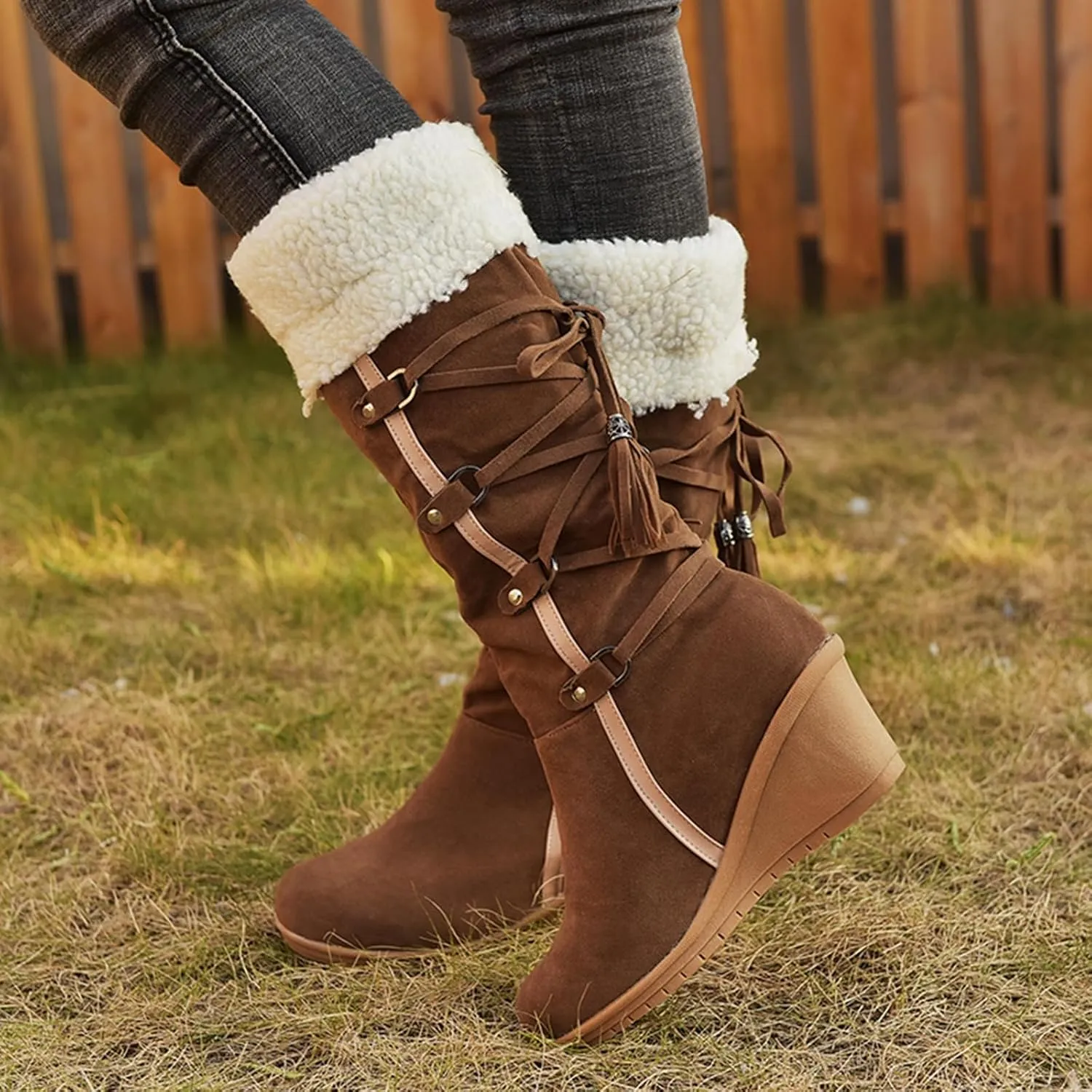 SACFOF Women's Knee High Boots Fleece Suede Slouch Winter Snow Booties Shoes Outdoor Winter Round Toe Wedge Boots
