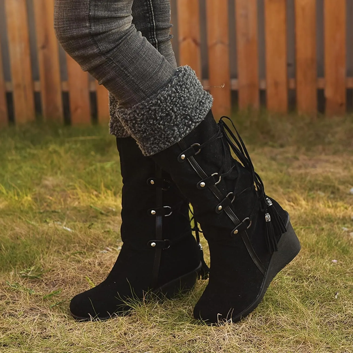 SACFOF Women's Knee High Boots Fleece Suede Slouch Winter Snow Booties Shoes Outdoor Winter Round Toe Wedge Boots