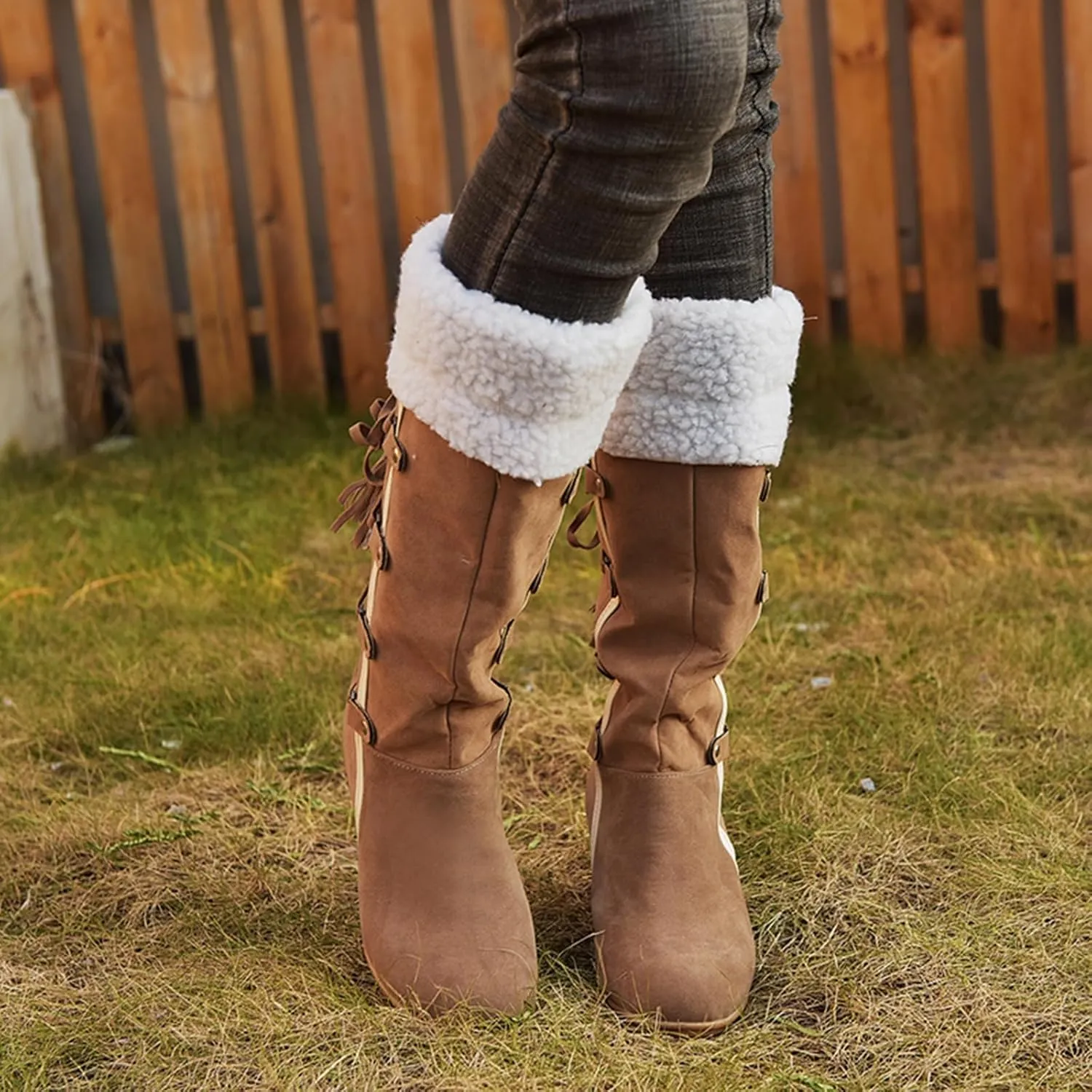 SACFOF Women's Knee High Boots Fleece Suede Slouch Winter Snow Booties Shoes Outdoor Winter Round Toe Wedge Boots