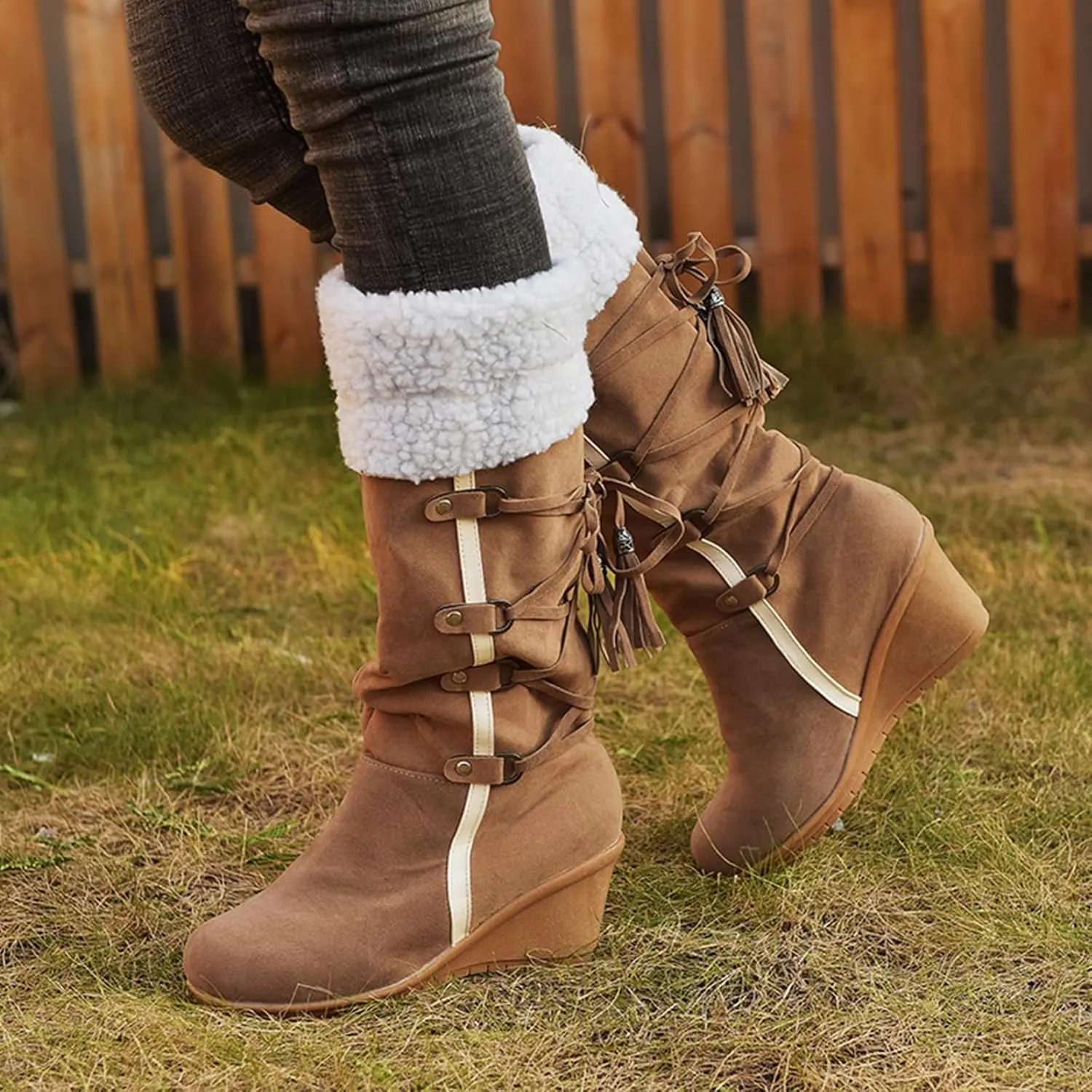 SACFOF Women's Knee High Boots Fleece Suede Slouch Winter Snow Booties Shoes Outdoor Winter Round Toe Wedge Boots