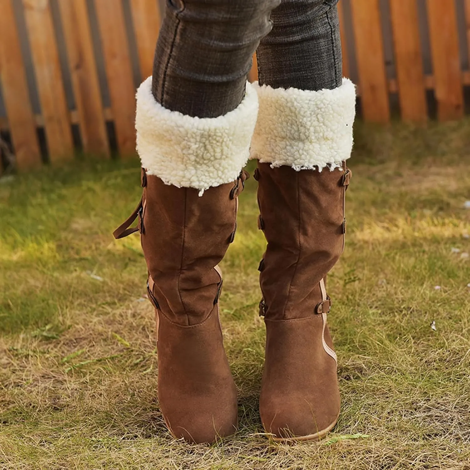 SACFOF Women's Knee High Boots Fleece Suede Slouch Winter Snow Booties Shoes Outdoor Winter Round Toe Wedge Boots