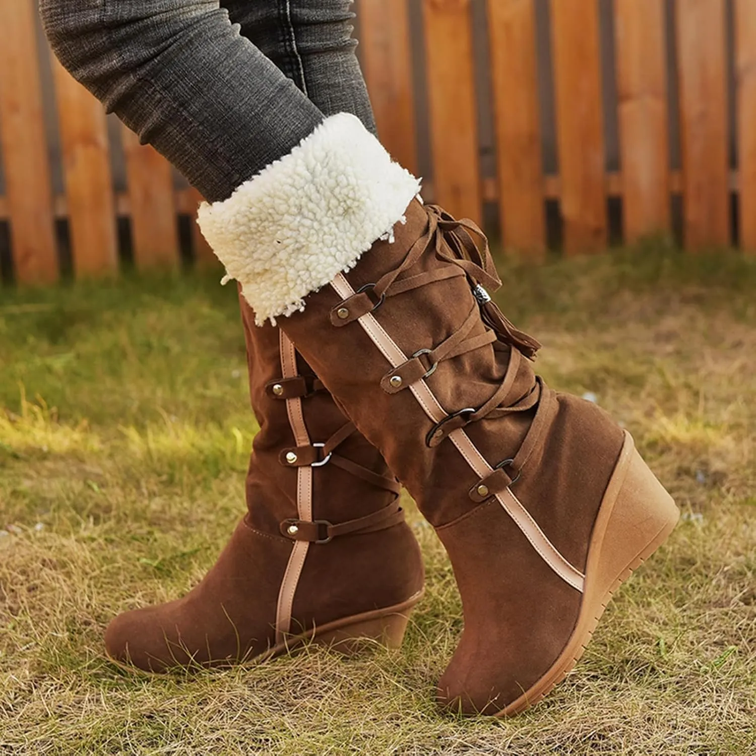 SACFOF Women's Knee High Boots Fleece Suede Slouch Winter Snow Booties Shoes Outdoor Winter Round Toe Wedge Boots