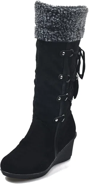 SACFOF Women's Knee High Boots Fleece Suede Slouch Winter Snow Booties Shoes Outdoor Winter Round Toe Wedge Boots