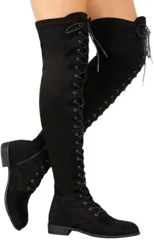 SACFOF Women's Knee High Boots Suede Lace-up Chunky Low Heel Side Zipper Fashion Boots Stretch Winter Long Riding Booties
