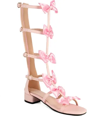 SACFOF Womens Knee High Gladiator Dressy Sandals Bow Open Toe Summer Buckle Roman Flat Boots Back Zipper Low Heel Sandals