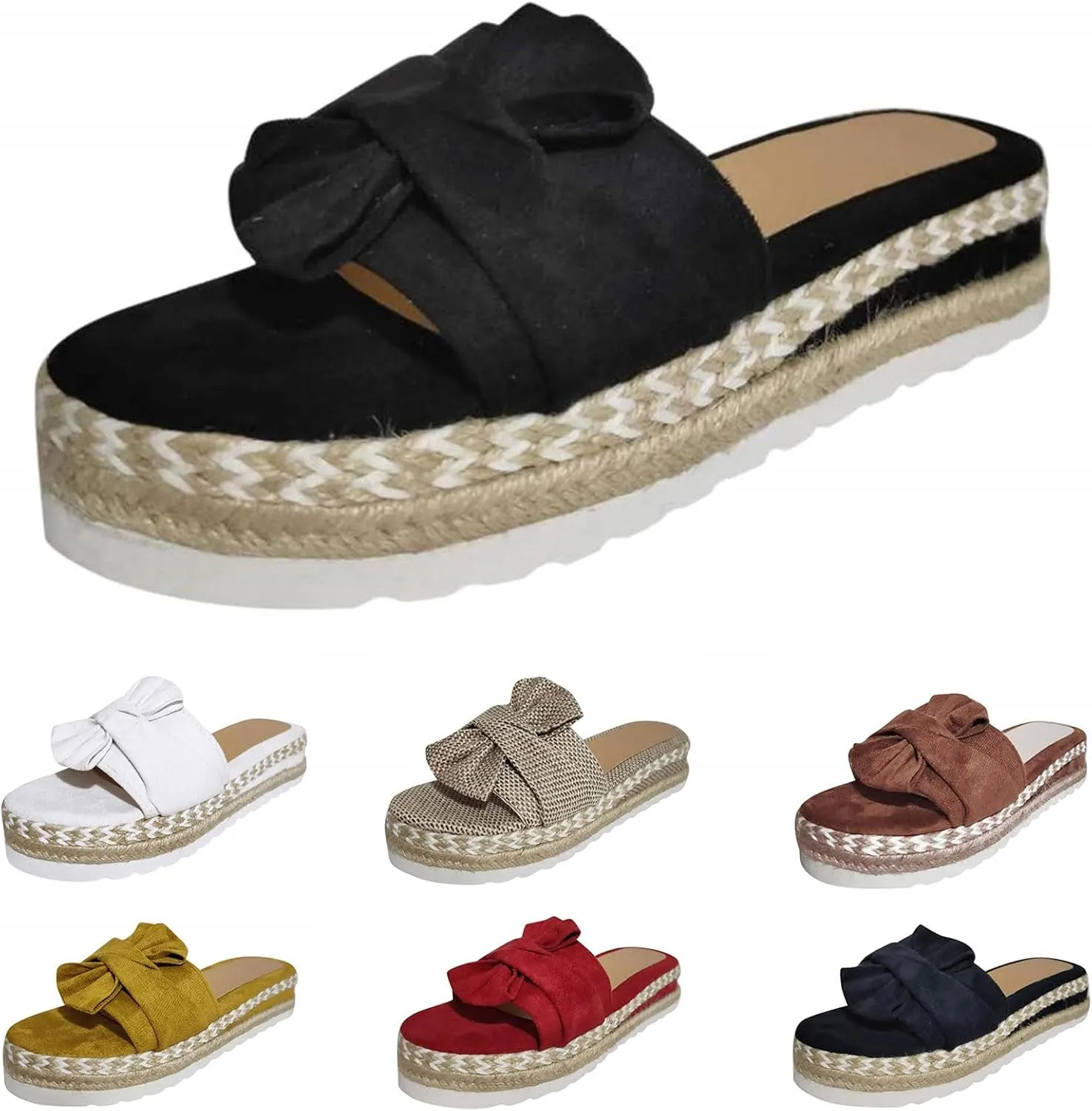 Sandals for Women Flat Wide Glitter Flat Flip-Flops Cork Sole Canvas Summer Cute Knot Bow Ladies Slides Slip-on Comfortable Gladiator Sandals Beach Slippers