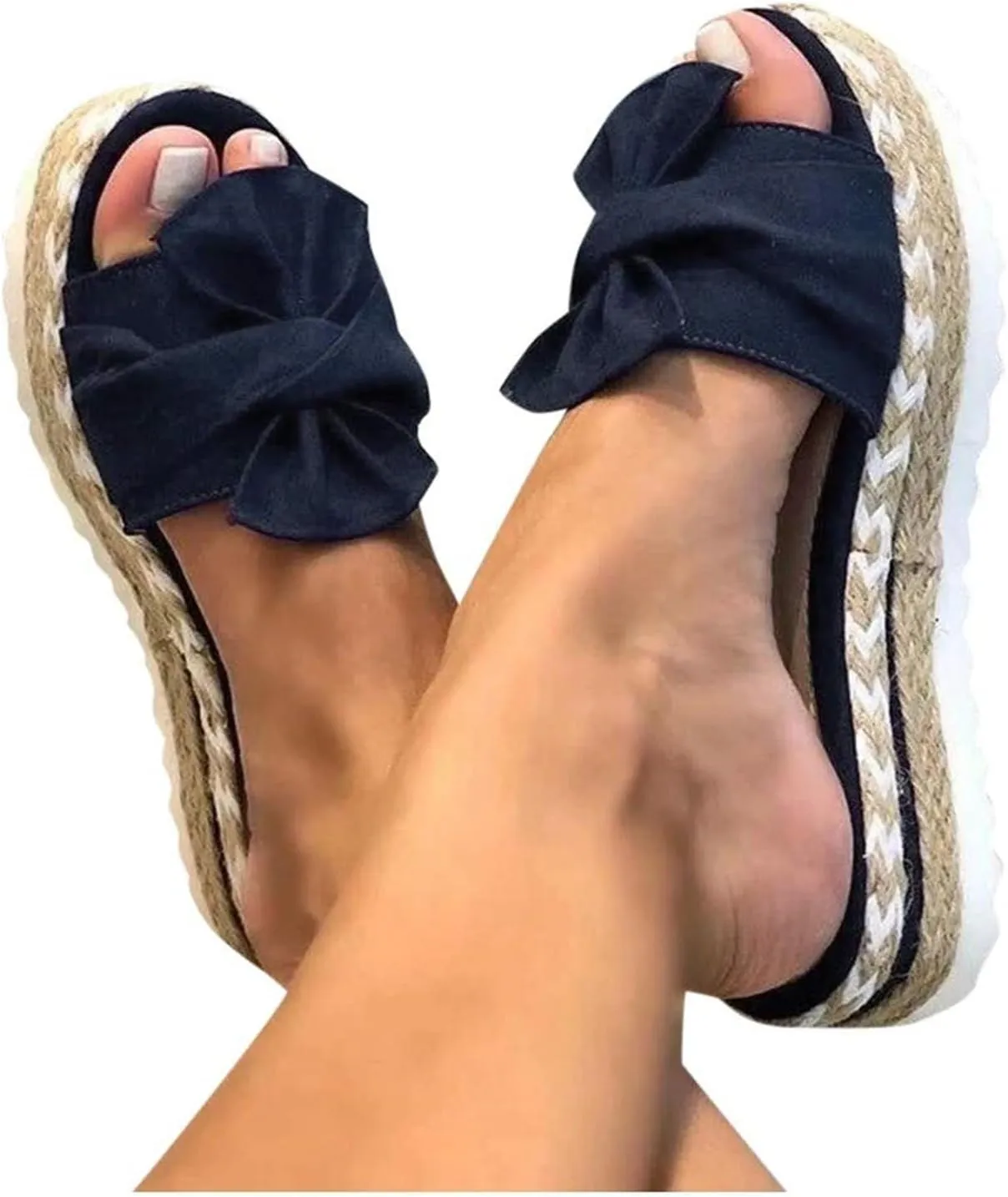 Sandals for Women Flat Wide Glitter Flat Flip-Flops Cork Sole Canvas Summer Cute Knot Bow Ladies Slides Slip-on Comfortable Gladiator Sandals Beach Slippers