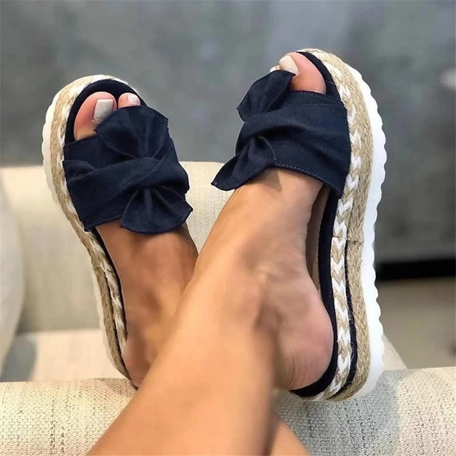Sandals for Women Flat Wide Glitter Flat Flip-Flops Cork Sole Canvas Summer Cute Knot Bow Ladies Slides Slip-on Comfortable Gladiator Sandals Beach Slippers