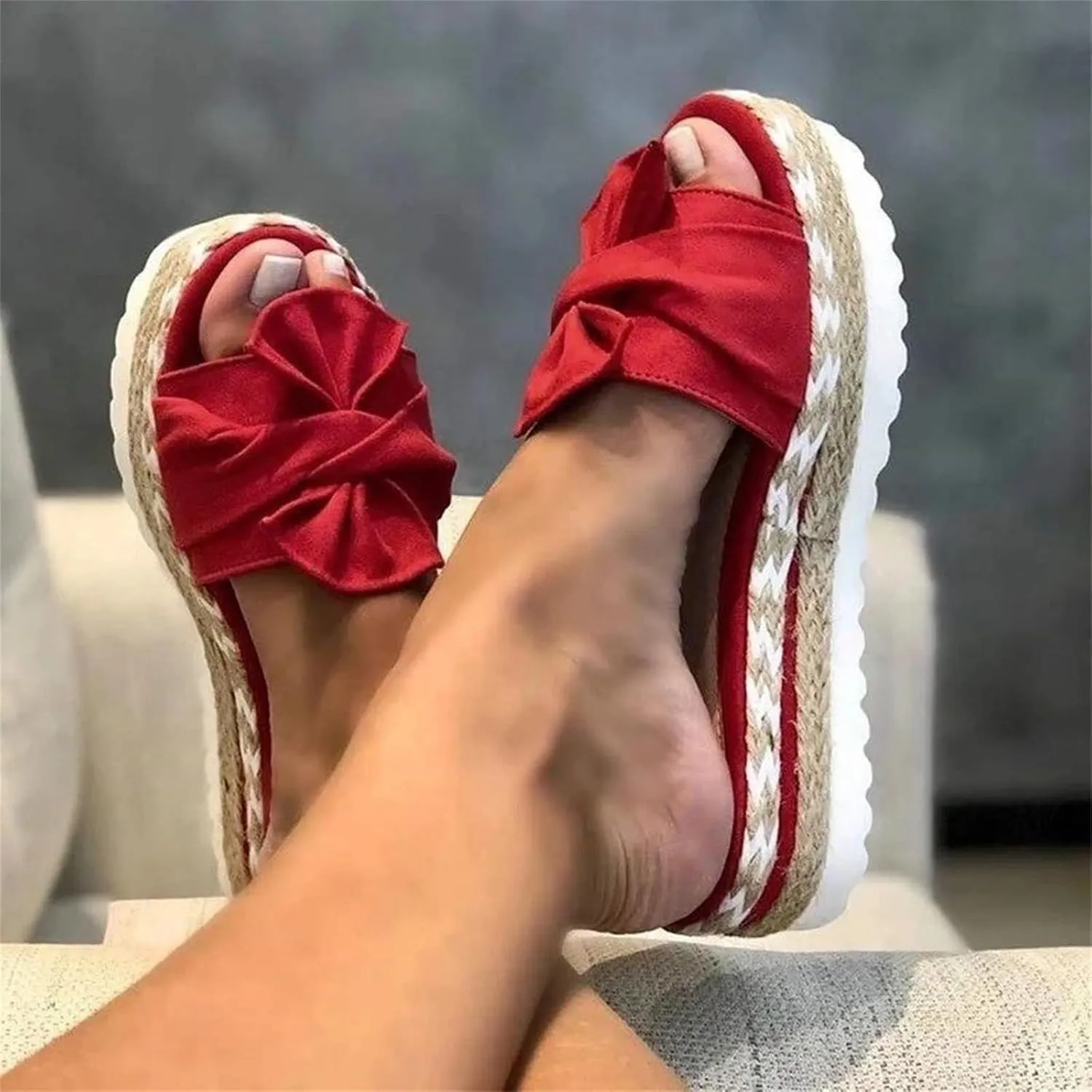 Sandals for Women Flat Wide Glitter Flat Flip-Flops Cork Sole Canvas Summer Cute Knot Bow Ladies Slides Slip-on Comfortable Gladiator Sandals Beach Slippers