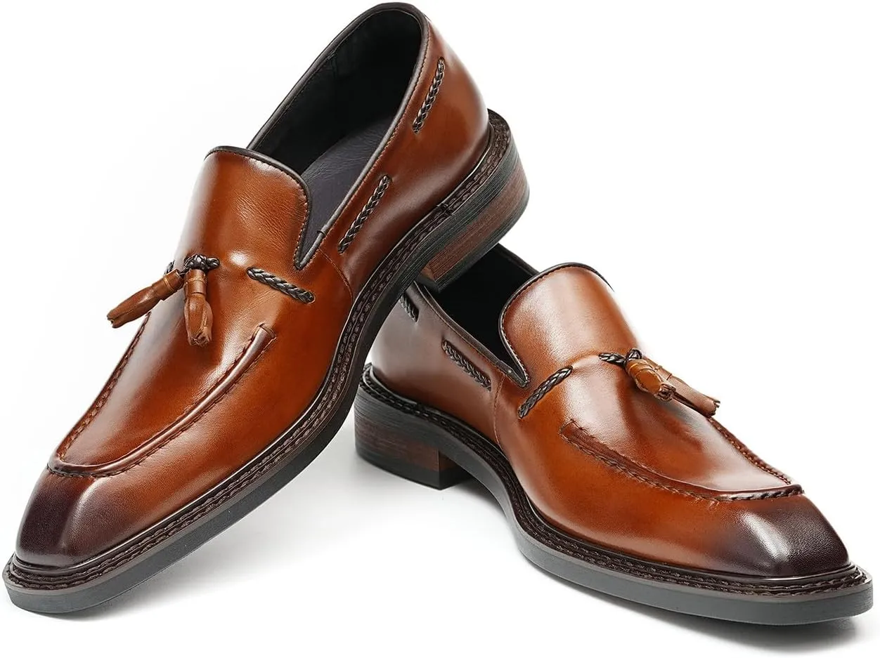 Santimon Men's Dress Tassel Loafers Slip-On Shoes - Genuine Leather Formal Business Casual Shoes for Wedding-Comfortable Prom Mocassins
