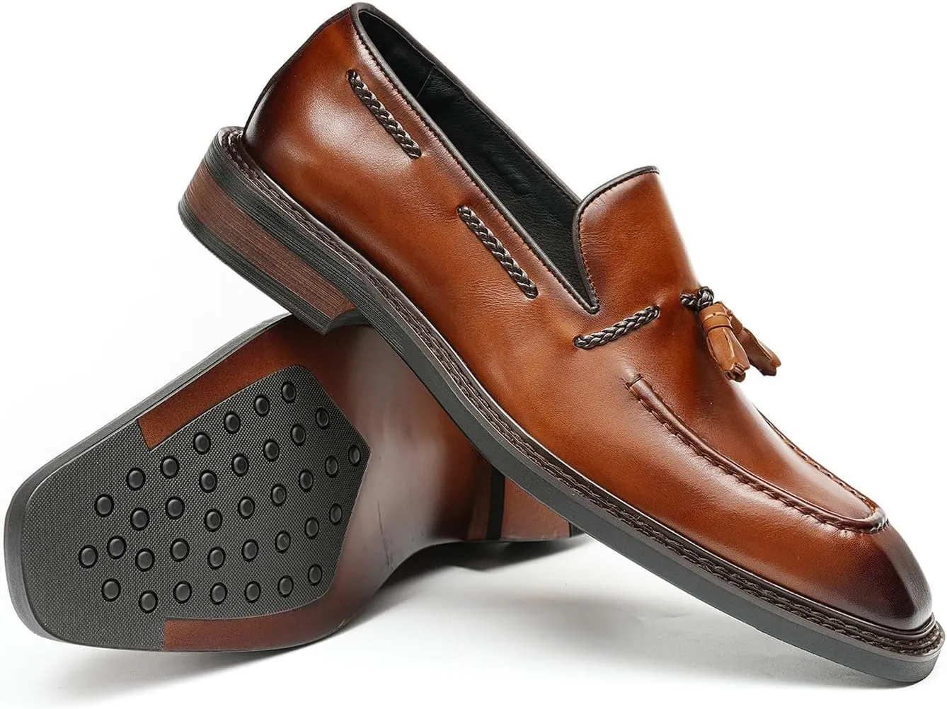 Santimon Men's Dress Tassel Loafers Slip-On Shoes - Genuine Leather Formal Business Casual Shoes for Wedding-Comfortable Prom Mocassins