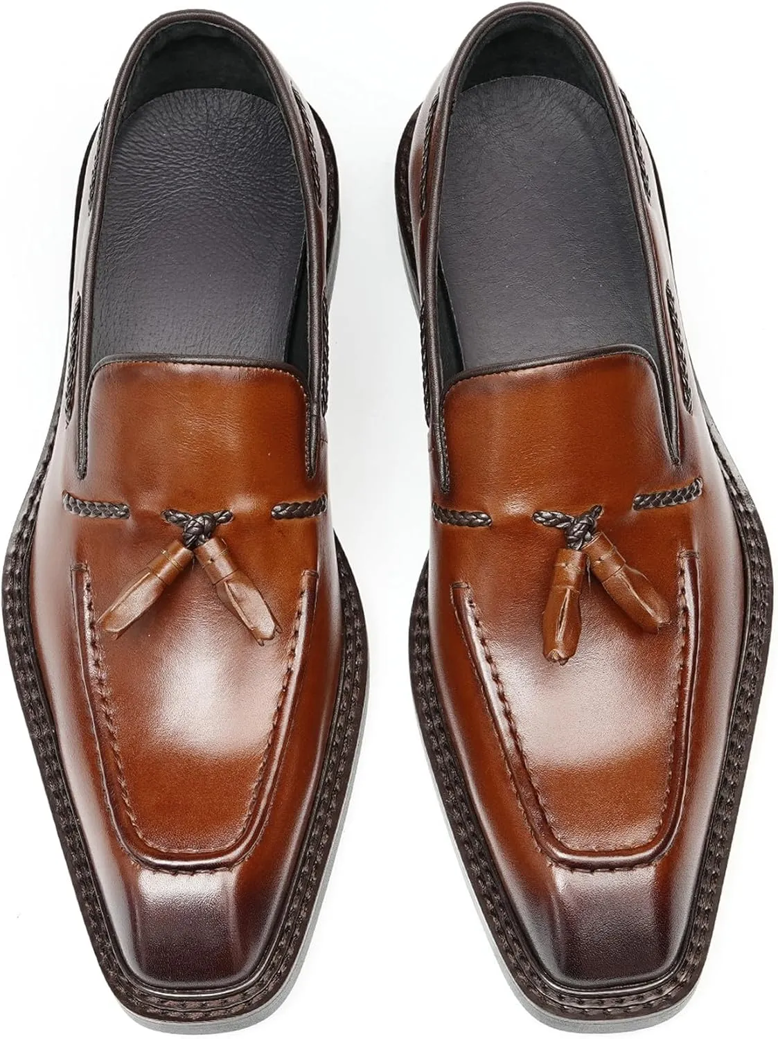 Santimon Men's Dress Tassel Loafers Slip-On Shoes - Genuine Leather Formal Business Casual Shoes for Wedding-Comfortable Prom Mocassins