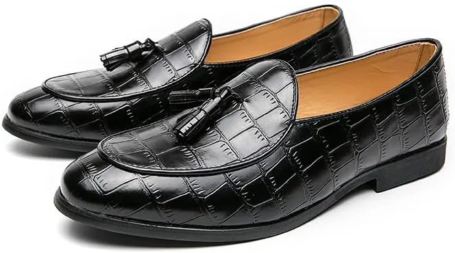 Santimon Men's Tassels Loafers Crocodile Pattern Leather Slip-On Wedding Dress Tuxedo Suit Shoes