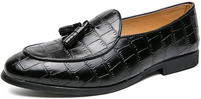 Santimon Men's Tassels Loafers Crocodile Pattern Leather Slip-On Wedding Dress Tuxedo Suit Shoes