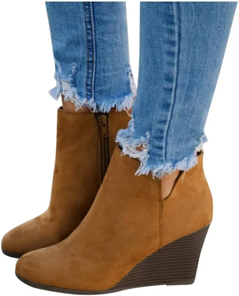 SBGMoSJ Black Leather Ankle Boots for Women Chunky Heel Wide Width Open Toe Booties for Women Low Heel Womens Leather Ankle Boots Heel Brown Leather Wedges for Women Ankle Boot Women