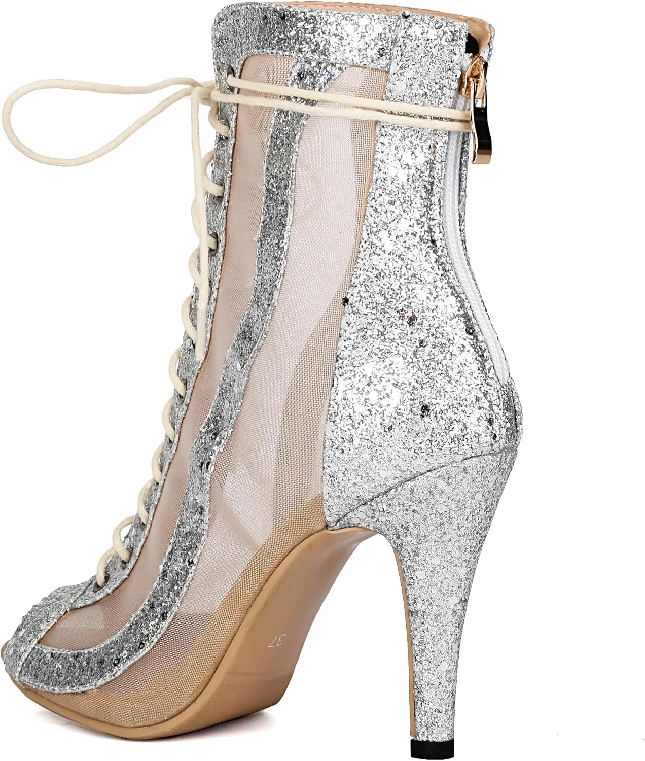 SEIFIN Women Classic Glitter Gladiator Sandals Summer Booties Stiletto High Heels Peep Toe Breathable Mesh Sandals Lace up Evening Dress Party Wedding Shoes