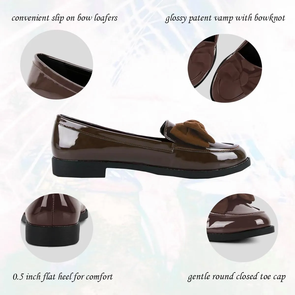 SHODENSE Women Patent Leather Loafers Flats Bow Closed Round Toe Slip On Flat Heel Penny Loafers Comfort Bow-Knot Flat Shoes Office Ladies Work Flats Vintage Classic Daily Driver Flats Fall 4-11 M US