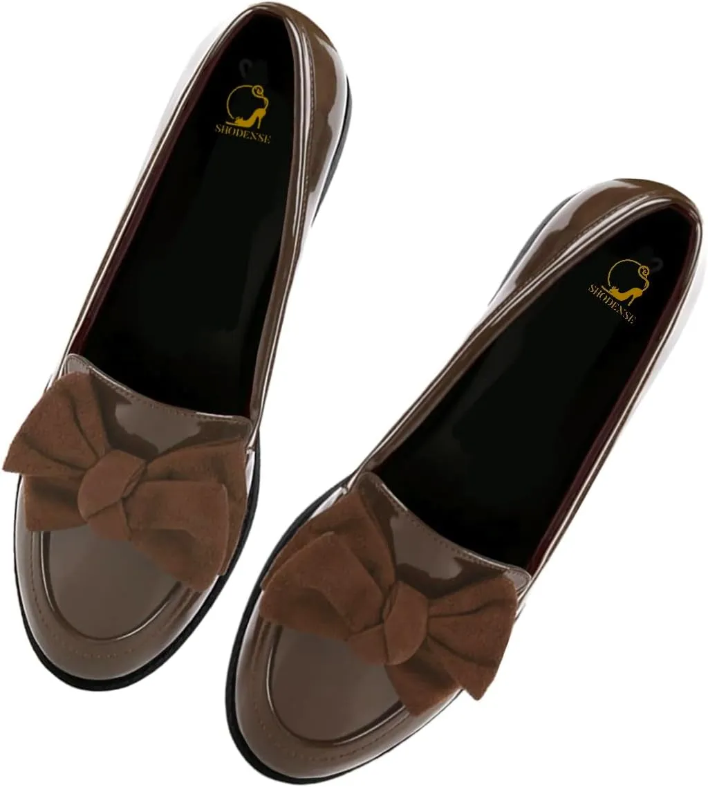 SHODENSE Women Patent Leather Loafers Flats Bow Closed Round Toe Slip On Flat Heel Penny Loafers Comfort Bow-Knot Flat Shoes Office Ladies Work Flats Vintage Classic Daily Driver Flats Fall 4-11 M US