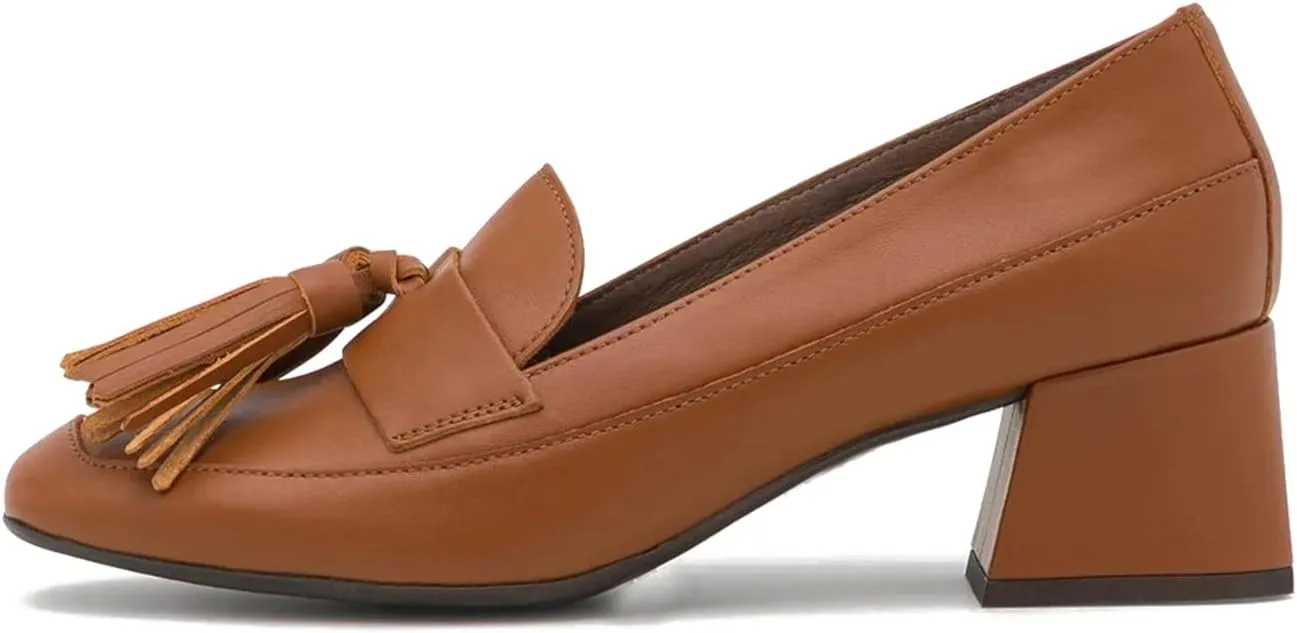 SHODENSE Women Tassel Loafers Chunky Block Heel Pumps Square Closed Toe Slip On Penny Loafers 2 Inch Thick Heels Fringe Oxford Shoes Ladies Formal Office Work Casual Drive Church Comfort 4-11 M US