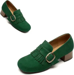 SHODENSE Women Vintage Low Chunky Block Heel Loafers Pumps Square Closed Toe Suede Penny Loafers Slip On Wingtip Oxford Shoes Metal Buckle Strap Comfort Dress Loafer Office Ladies Work Club 4-11 M US
