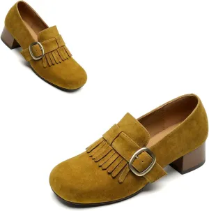SHODENSE Women Vintage Low Chunky Block Heel Loafers Pumps Square Closed Toe Suede Penny Loafers Slip On Wingtip Oxford Shoes Metal Buckle Strap Comfort Dress Loafer Office Ladies Work Club 4-11 M US