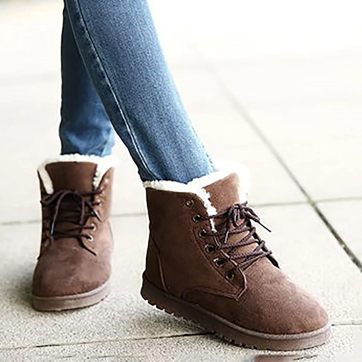 Snow Boots for Women Faux Furry Lined Ankle Booties Low Heel Suede Leather Lace Up Boots Casual Comfort Slip on Fall Winter Short Boots Side Zipper Wide Width Ladies Boots Women Booties