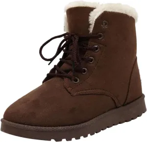 Snow Boots for Women Faux Furry Lined Ankle Booties Low Heel Suede Leather Lace Up Boots Casual Comfort Slip on Fall Winter Short Boots Side Zipper Wide Width Ladies Boots Women Booties