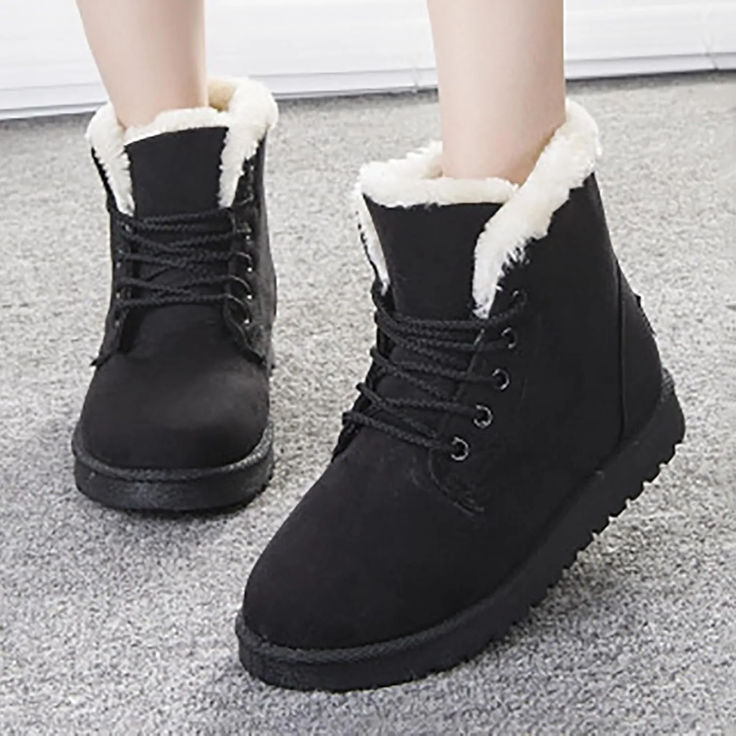 Snow Boots for Women Faux Furry Lined Ankle Booties Low Heel Suede Leather Lace Up Boots Casual Comfort Slip on Fall Winter Short Boots Side Zipper Wide Width Ladies Boots Women Booties