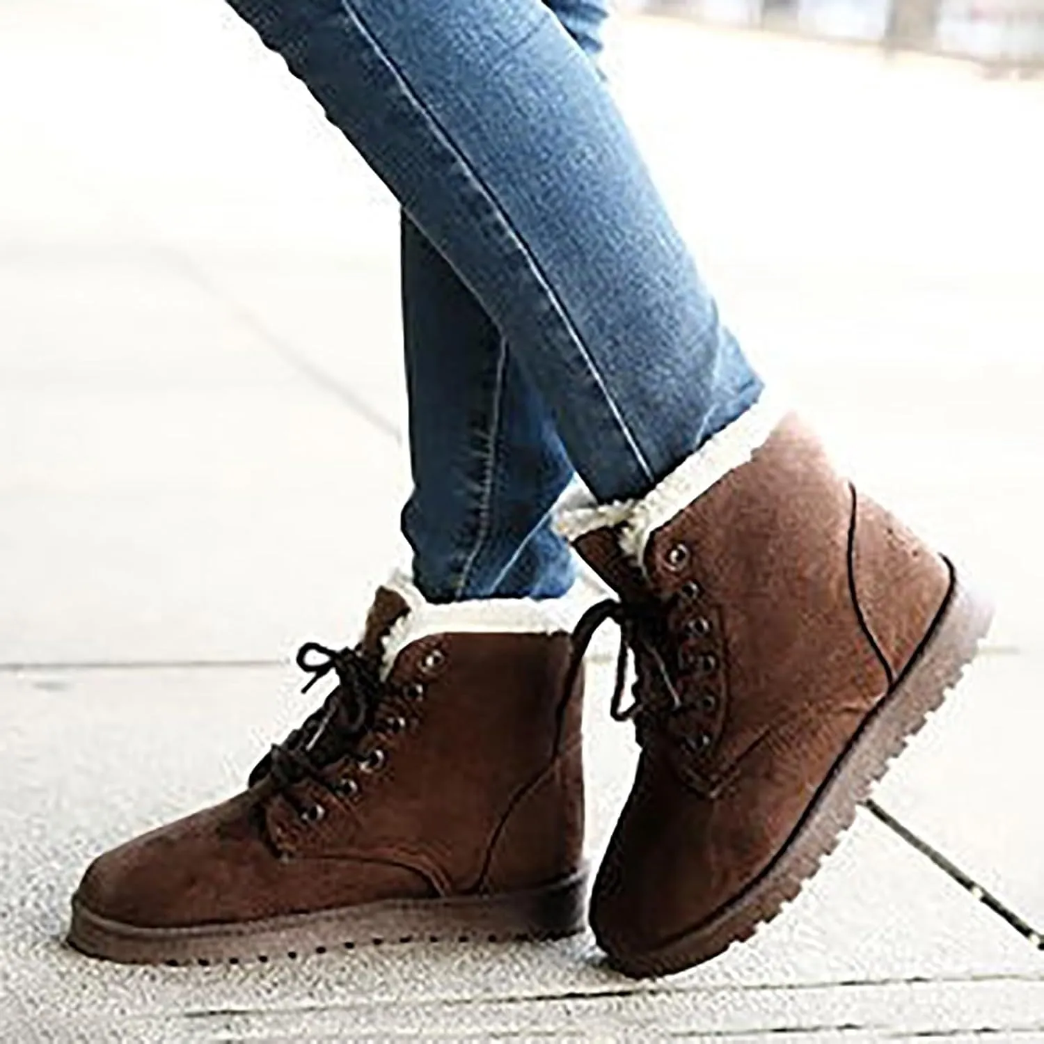 Snow Boots for Women Faux Furry Lined Ankle Booties Low Heel Suede Leather Lace Up Boots Casual Comfort Slip on Fall Winter Short Boots Side Zipper Wide Width Ladies Boots Women Booties