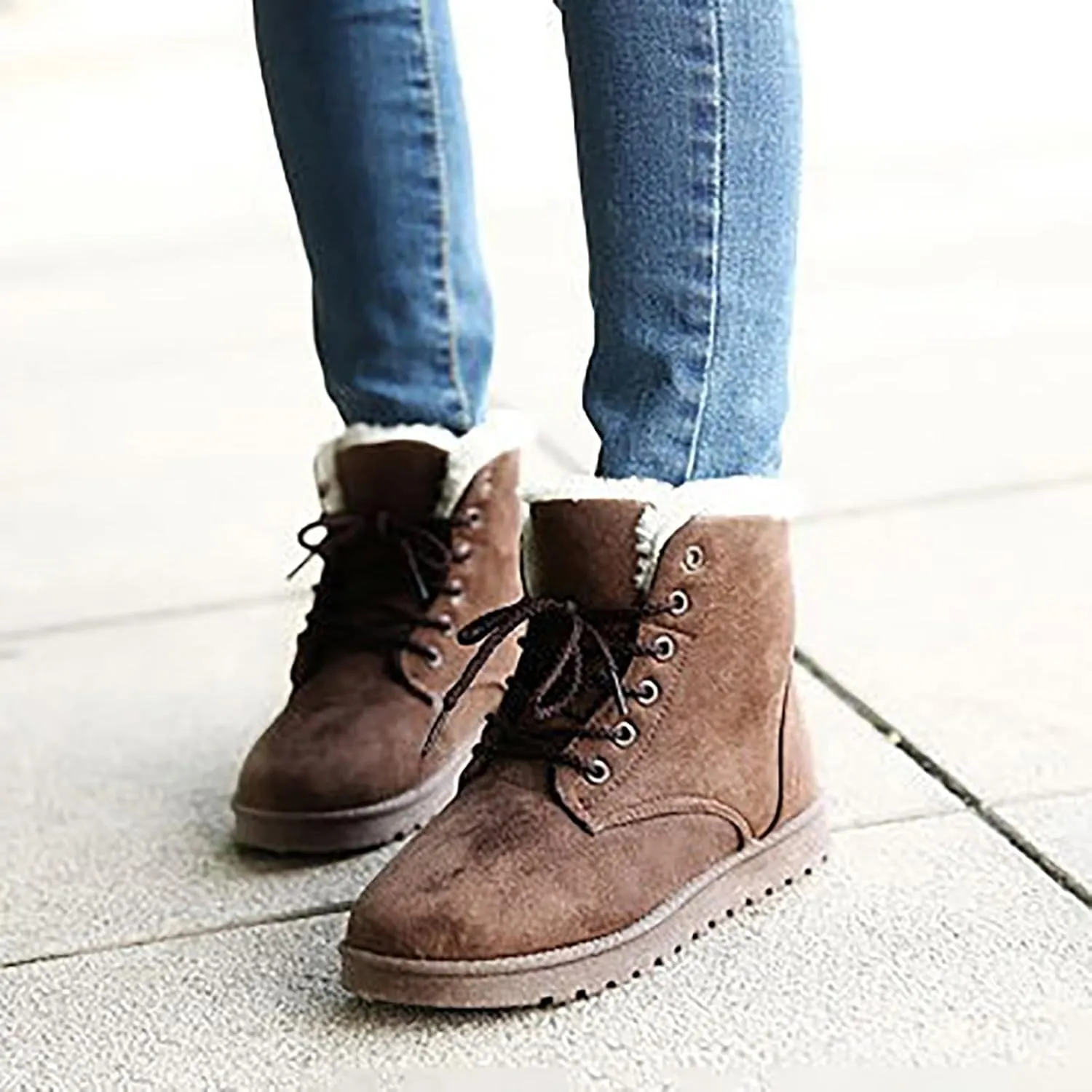 Snow Boots for Women Faux Furry Lined Ankle Booties Low Heel Suede Leather Lace Up Boots Casual Comfort Slip on Fall Winter Short Boots Side Zipper Wide Width Ladies Boots Women Booties