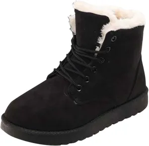 Snow Boots for Women Faux Furry Lined Ankle Booties Low Heel Suede Leather Lace Up Boots Casual Comfort Slip on Fall Winter Short Boots Side Zipper Wide Width Ladies Boots Women Booties