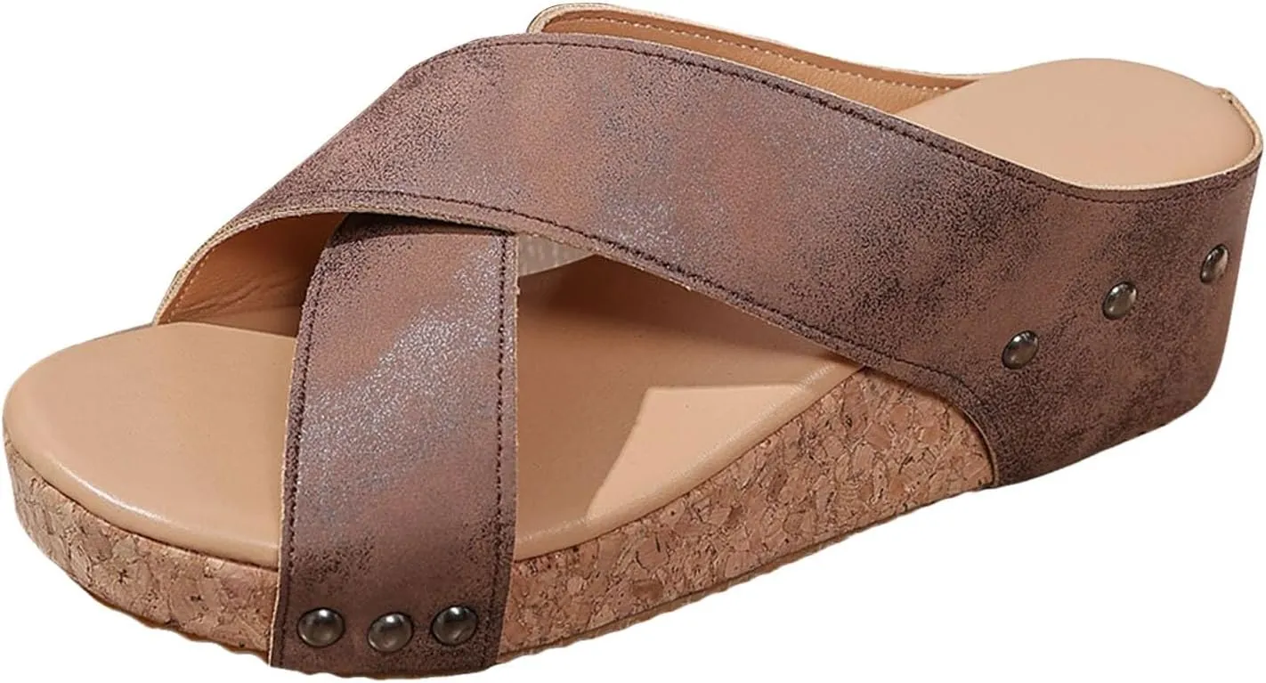 Summer Sandals For Women 2025,Cork Wedges & Platform Slides, Women's Thick Sole Comfy Leather Wedge Slip On Summer Sandals Cork Shoes Comfort Wedge Heel Womens Bohe Walking Beach Shoes