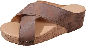 Summer Sandals For Women 2025,Cork Wedges & Platform Slides, Women's Thick Sole Comfy Leather Wedge Slip On Summer Sandals Cork Shoes Comfort Wedge Heel Womens Bohe Walking Beach Shoes