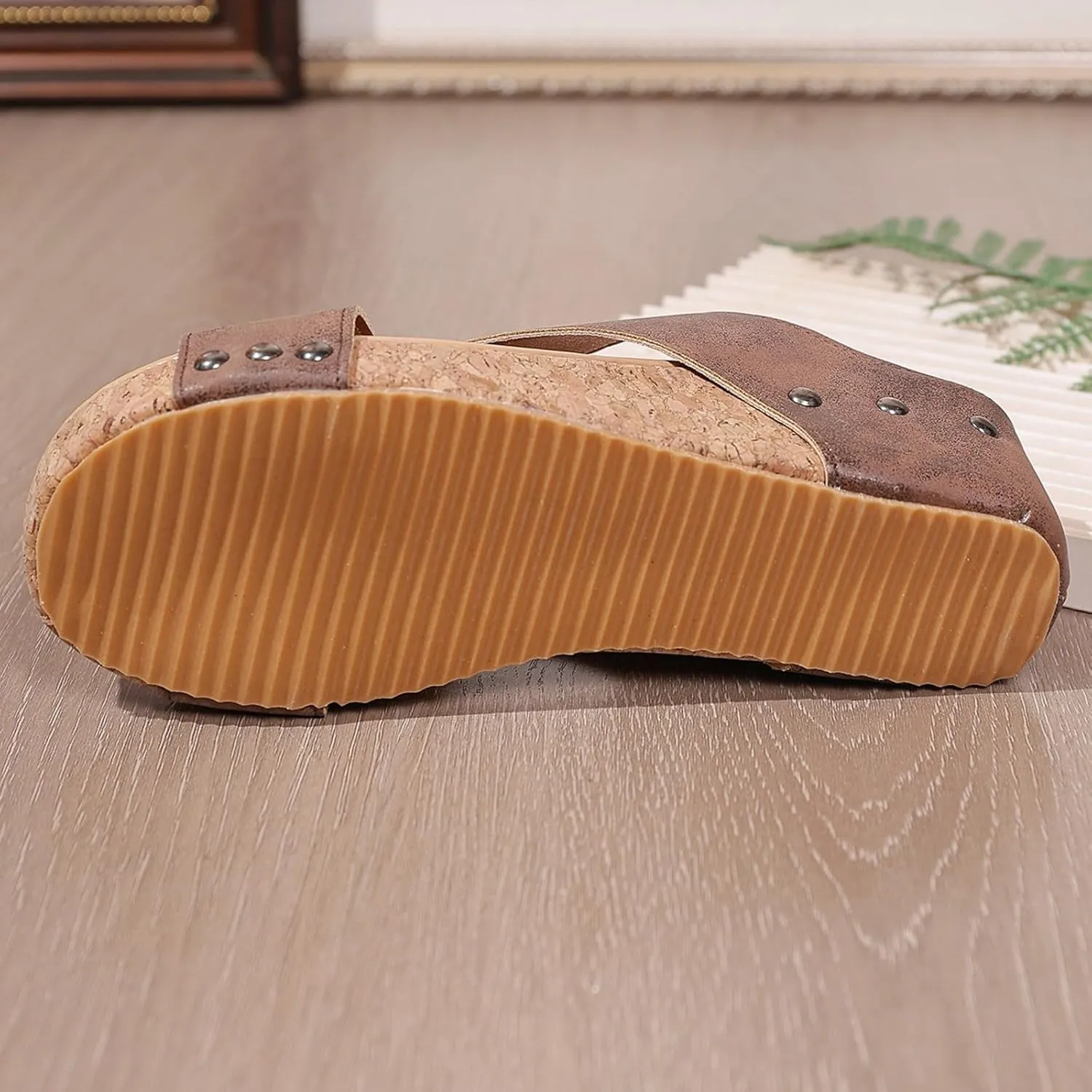 Summer Sandals For Women 2025,Cork Wedges & Platform Slides, Women's Thick Sole Comfy Leather Wedge Slip On Summer Sandals Cork Shoes Comfort Wedge Heel Womens Bohe Walking Beach Shoes